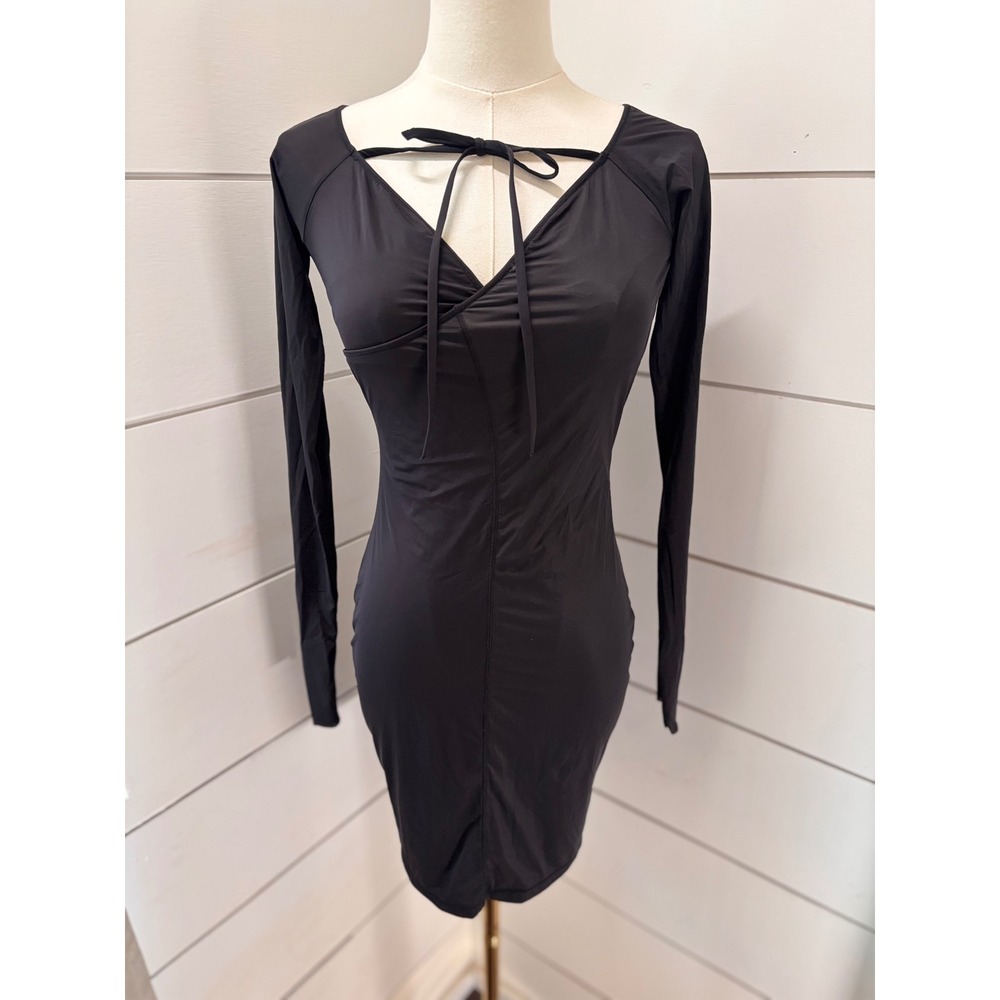 SKIMS Mini Dress Womens Large Onyx Black Long Sleeve Tie Front Sexy Minimalist